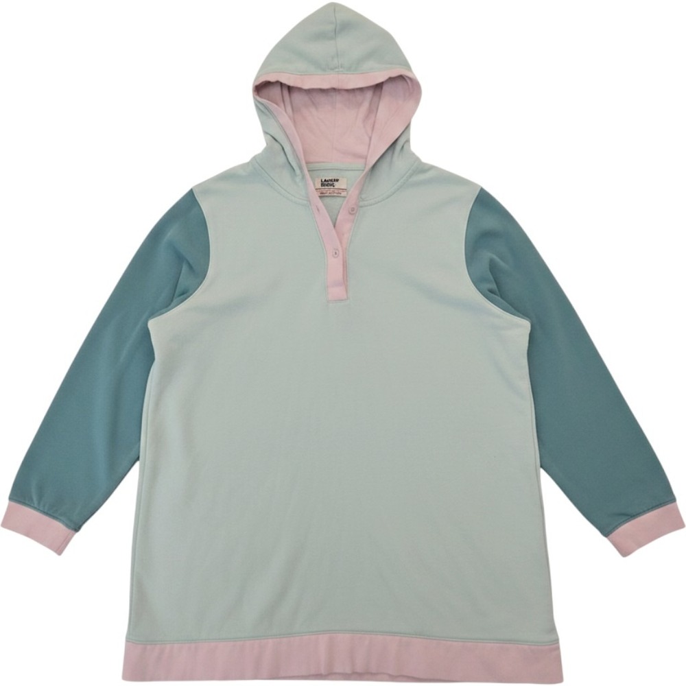 Lands End Serious Sweats Hoodie Womens 2X Mint Pink Colorblock Henley Soft Girl
